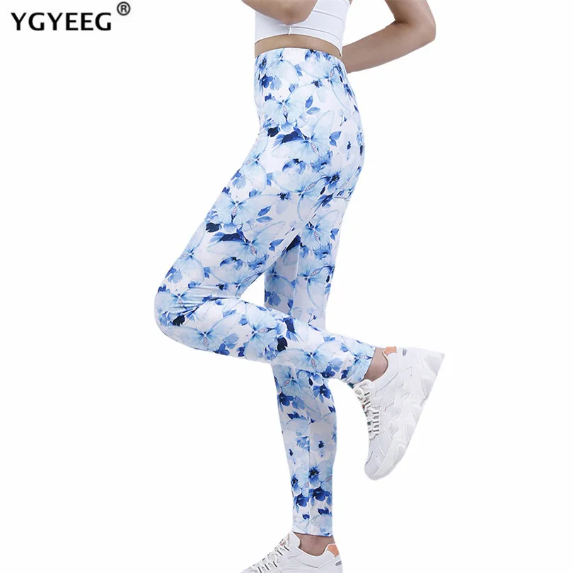 

YGYEEG Women Push Up Leggings Sexy High Waist Spandex Workout Casual Fitness Female White Blue Butterfly Ankle-Length Jeggings