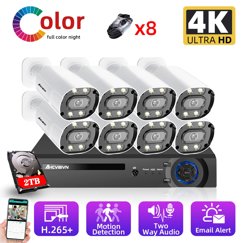 

Colorful Night Vision IP CCTV Monitoring Camera Security System Kit 8CH 4K NVR Outdoor Video Surveillance POE IP Cameras System