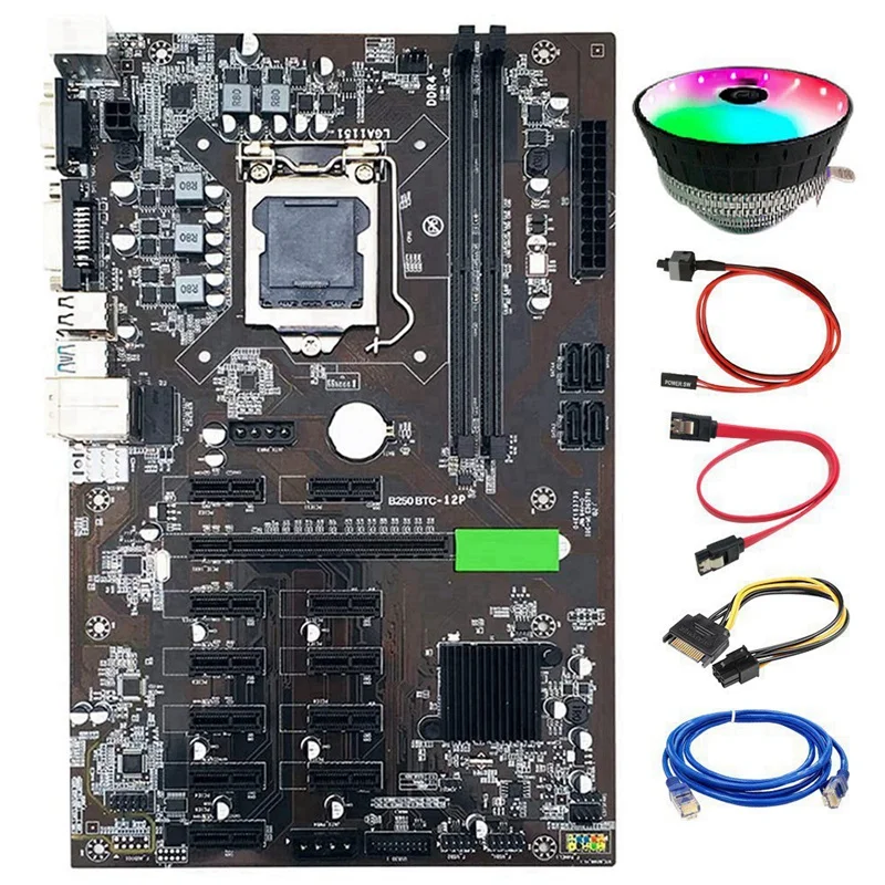 

B250 BTC Mining Motherboard 12 GPU LGA1151 with RJ45 Network Cable+Cooling Fan+SATA Cable for Graphics Card ETH Miner