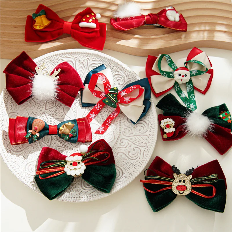 

Новинка 2021, рождественские заколки для волос с красным бантом, оленем, снеговиком, фланелевой окантовкой для женщин и девушек, заколки, безо...