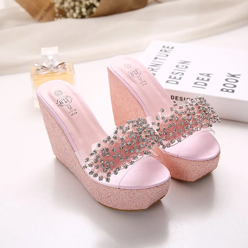 2020 женские босоножки на танкетке со стразами летние шлепанцы высоком каблуке 11 5