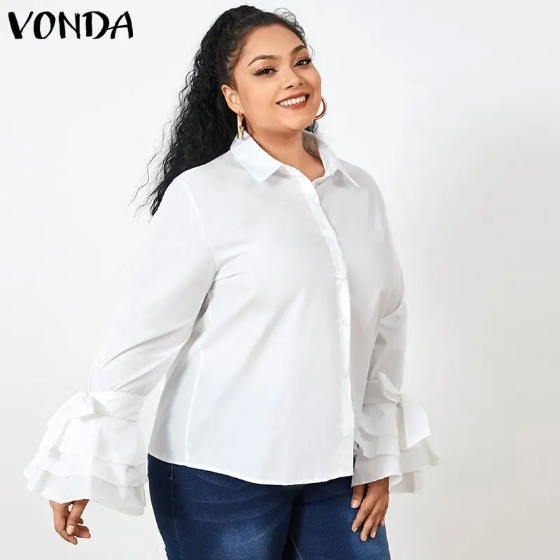 

VONDA 2021 женские осенние Топы, повседневные однотонные богемвечерние праздничные блузки, сексуальные блузки с отложным воротником и расклеше...