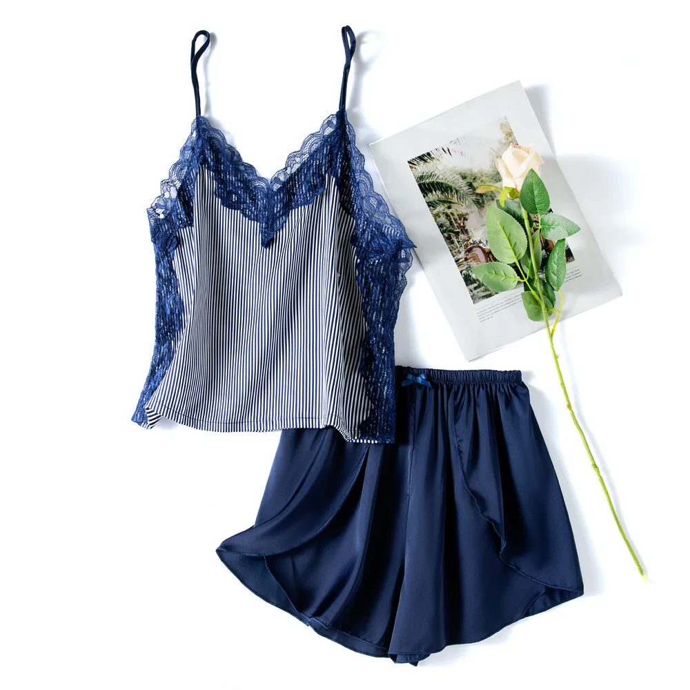 

Пижама женская атласная в полоску, комплект из 2 предметов, одежда для сна, пикантная Домашняя одежда, летняя Пижама с кружевом, блузка