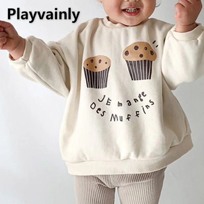 

2021 Korean Style New Winter Kid Boy Girl Sweatshirts Apricot Beige Thick Cake Letter Round Collar Casual Fleece Clothes E1773