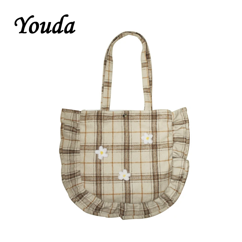 Youda Original Simple Plaid Design Tote Woolen Fabric Pleated Edge Literary Ladies Shoulder Bag Female Student Shopping Handbag