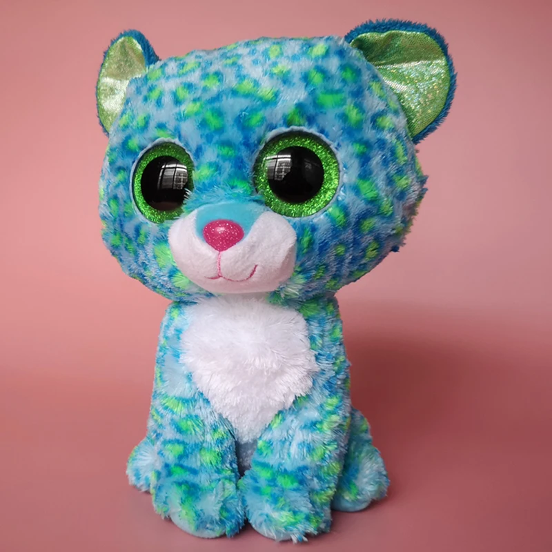 

15 CM Ty Beanie Big Eyes Blue Leopard with Green Ears Cute Simulation Plush Panther Toys Boys and Girls Soft Birthday Gift Doll