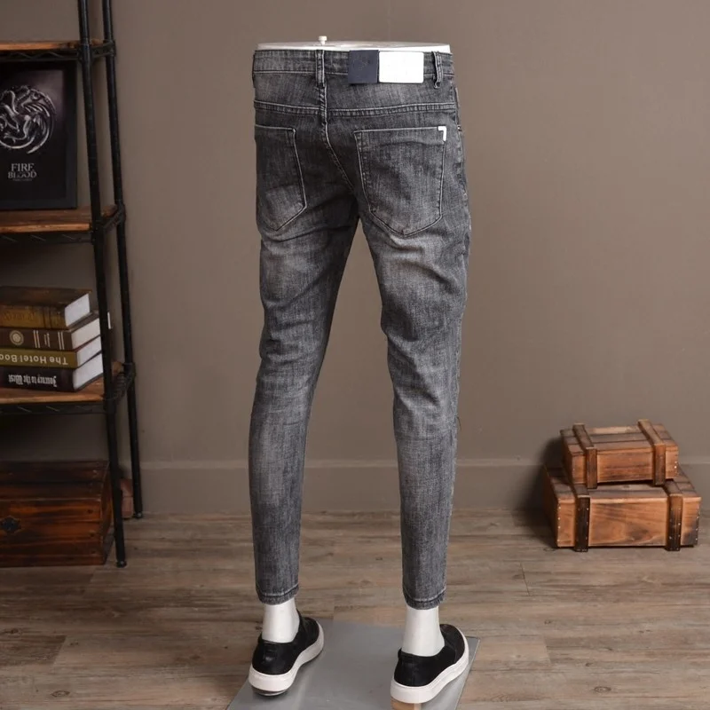 

Summer Light Gray Ripped Hole Jeans Men Fashion Stretch Slim Fit Embroidery Denim Trousers Streetwear Casual Biker Pants