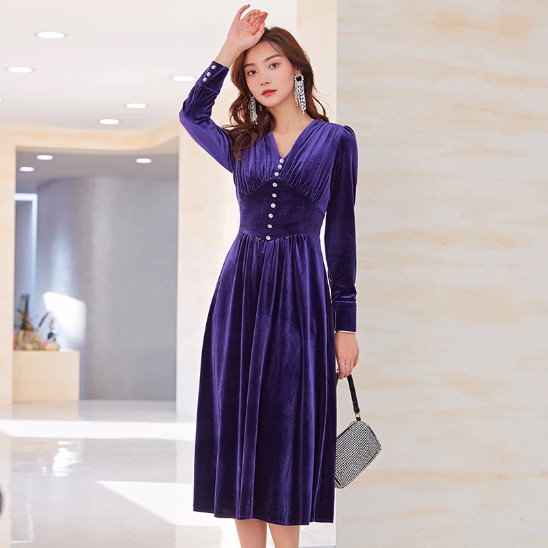 YIGELILA Fashion Women Velvet Long Dress Elegant Solid V-neck Dress Empire Slim Mid-length Dress A-line Purple 66348