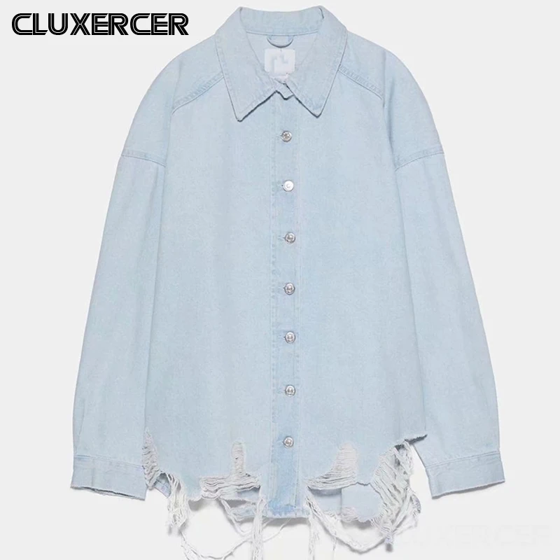 Женская джинсовая куртка с потертостями однотонная Повседневная Свободная