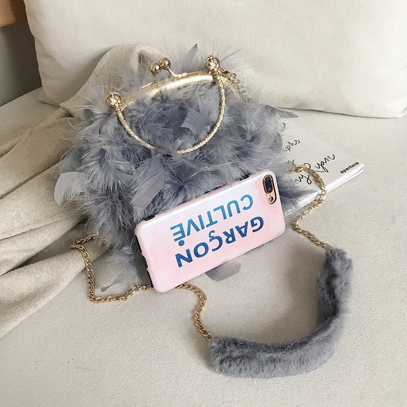 Сумка из натурального меха с перьями женский клатч на цепочке вечерняя Женская