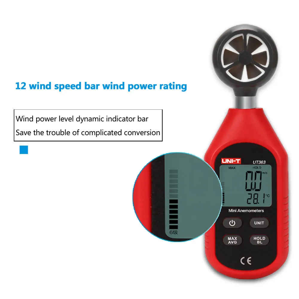 UNI-T-Mini anemómetro UT363, medidor de temperatura, velocidad máxima del viento medida de 0,1 m/s, velocidad del viento inicial de 30 m/s UT363BT