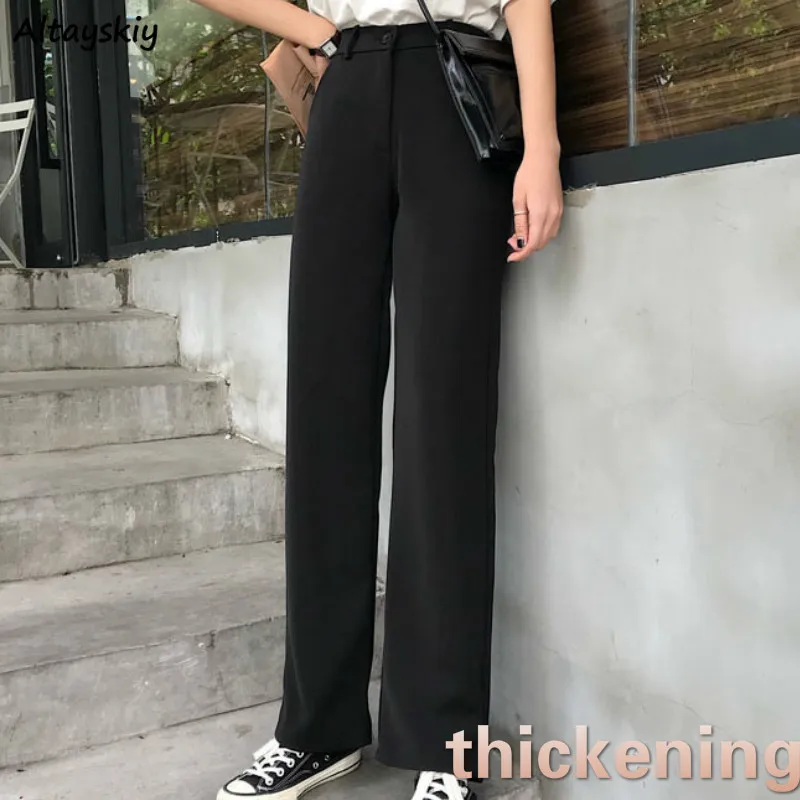 

Pants Women Straight Plus Velvet Button Pockets High Waist Solid Korean Style Fashion Chic Leisure Casual Loose Womens Daily New
