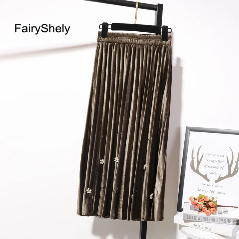 FairyShely, бархатная плиссированная длинная юбка для женщин, Осень-зима, эластичная лента, высокая талия, Теплая юбка, черная, макси, офисная юбка