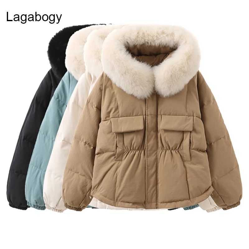 Lagabogy Winter Real Natural Fur Collar Hooded Short Puffer Jacket 90%White Duck Down Coat Warm Loose Parka  Long Sleeve Outwear