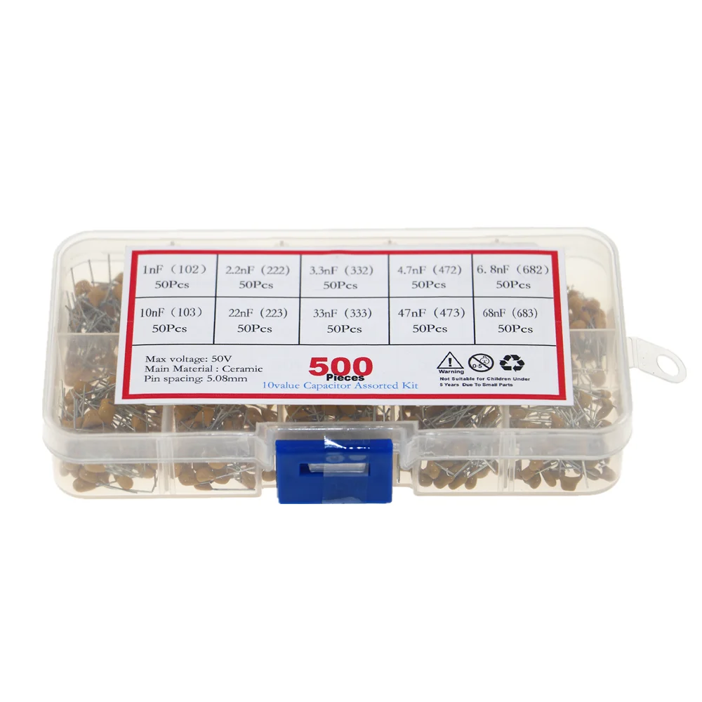 500 шт./кор. 10 значений x50pcs 1nF ~ 68nF (102 683) Многослойные/монолитный Керамика