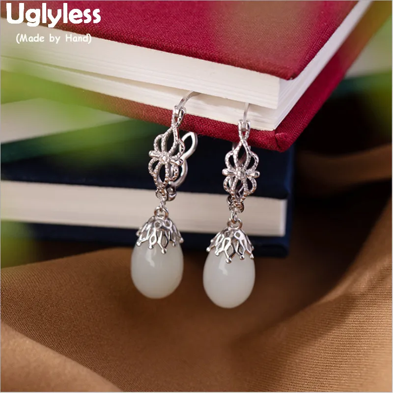 

Uglyless Ethnic Vintage Hollow Flower Earrings for Women Water Drop Jade Dangle Earrings Real 925 Silver Brincos Bijoux E1758