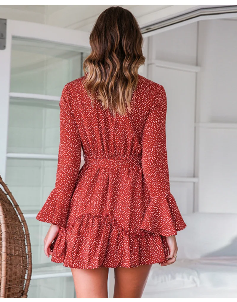 

2020 Autumn Women Dress V-Neck Long Sleeve Slim Women A-Line Dress Fashion Butterfly Sleeve Casual Sashes Printing Mini Dress