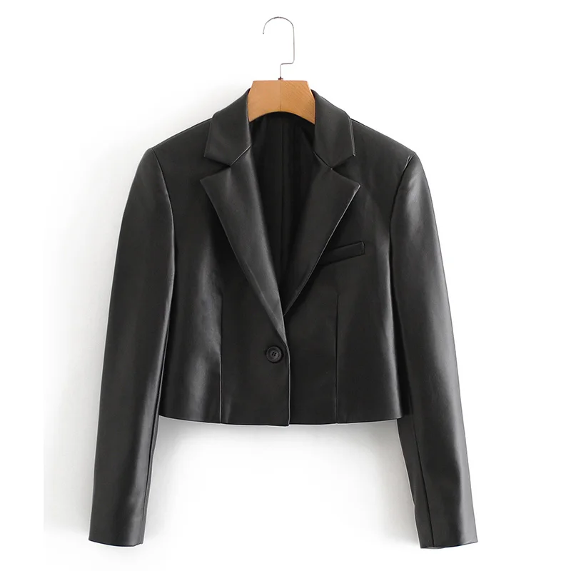 

Ailegogo New Spring Women Pu Faux Leather Jacket Autumn Casual Female Lapel Short Coat Single Button Long Sleeve Black Outwear