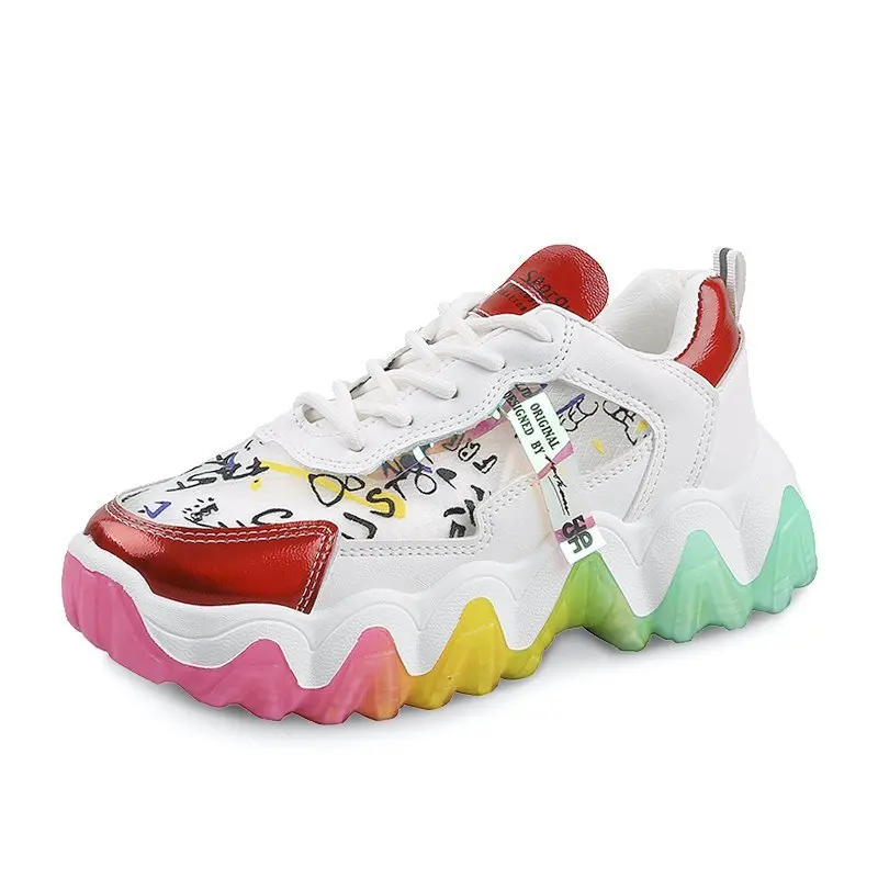 

Large Size Rainbow Bottom Student Old Daddy Shoes Women's Korean Version Lace-Up Mesh Breathable Ins Sports Shoes Women Footwear