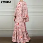 Элегантное платье-Кафтан 2021 VONDA, Женский винтажный сарафан с круглым вырезом, длинное Цветочное платье-макси с оборками, большие размеры, женское платье