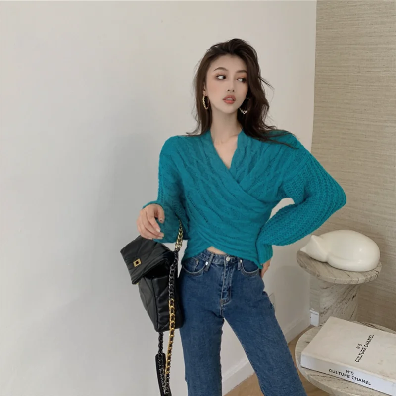 

2021autumn Women's Clothing new Crossover v-neck knitting fashion sweater Korean style Long sleeve Short straight woman sweaters