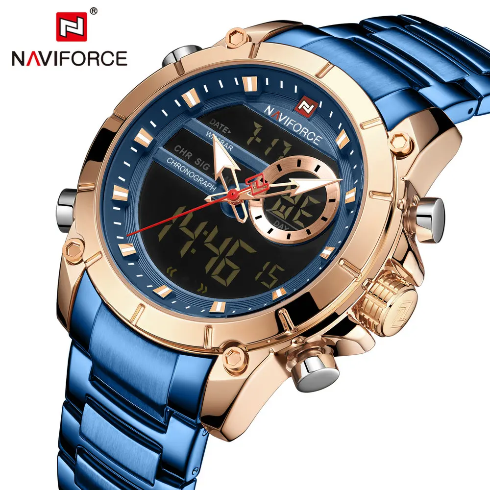 NAVIFORCE синие мужские часы Топ бренд класса люкс двойной дисплей Кварцевые для