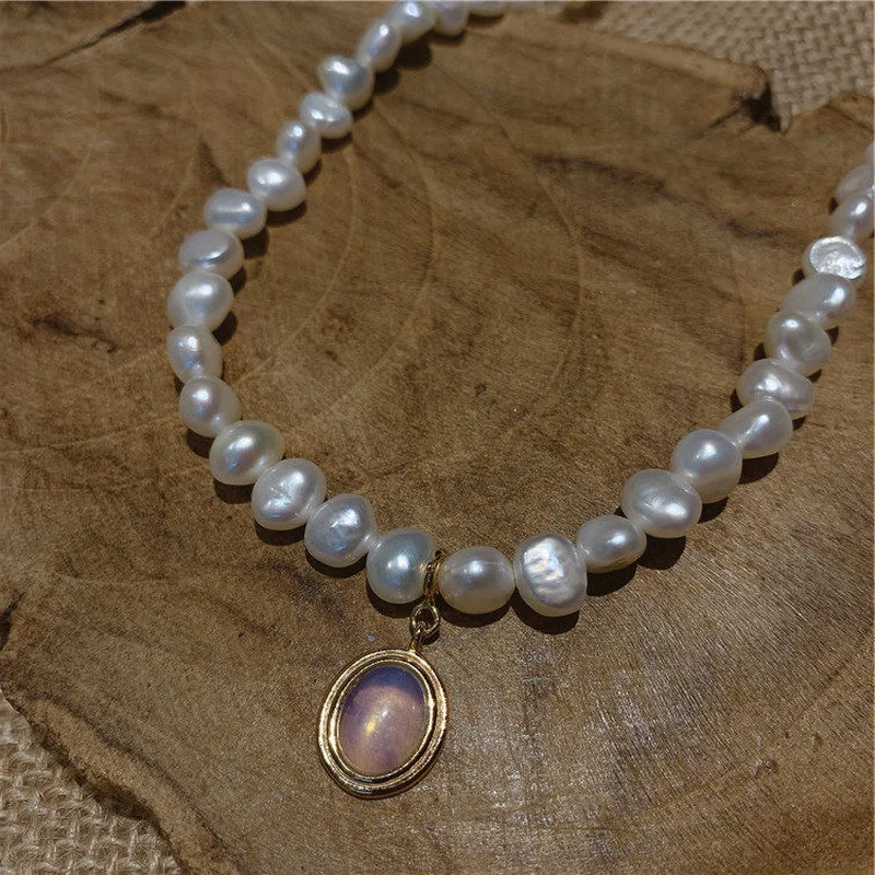 

MINAR Retro Moonstone Natural Freshwater Pearl Necklace Baroque Irregular Pearl Pendant Necklaces for Women Chokers Necklace