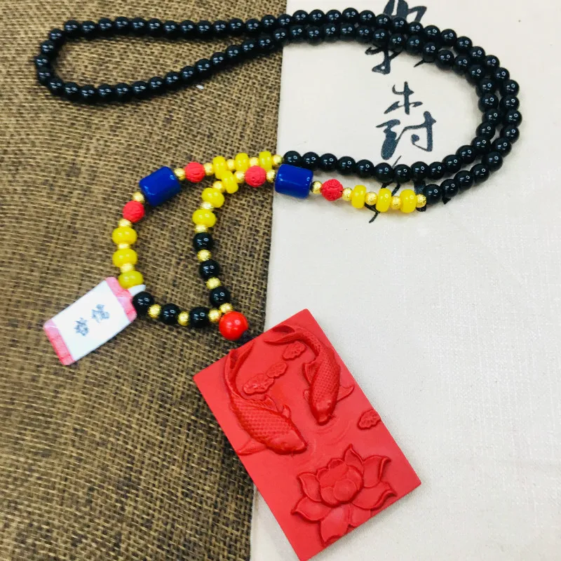 

Zhe Ru Jewelry Natural Cinnabar Carved Auspicious Pisces Lotus Pendant with Tri-Color Bead Necklace Sweater Chain