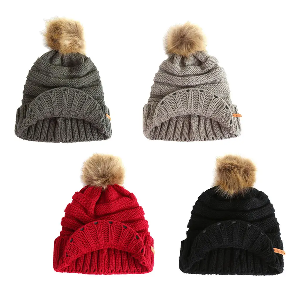 

Women's Beanie Cable Knit Visor Beanie Hat with Pom Pom Balls