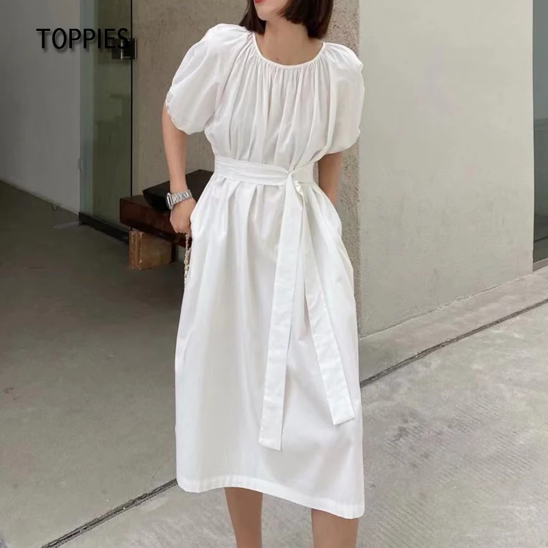 

Toppies Summer Green Midi Dress Loose Oversized Puff Sleeve Blouses Dress Woman Lace Up Belt Solid Color Cotton Korean 2021