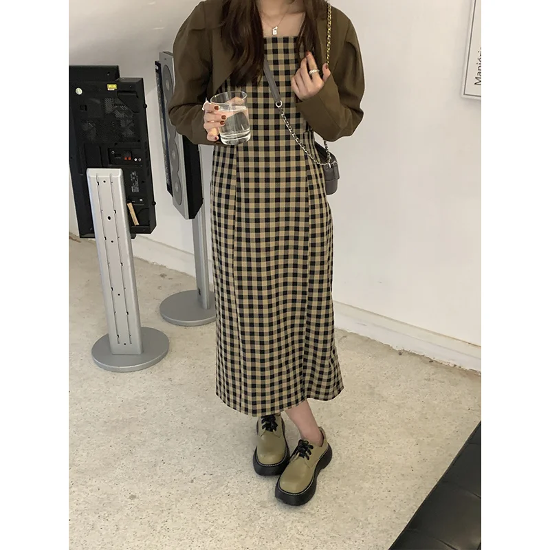 

Gentle Plaid Dress Suspender Skirt Female Summer Cross Backless Spice Girl Dress Sleeveless Split Dress