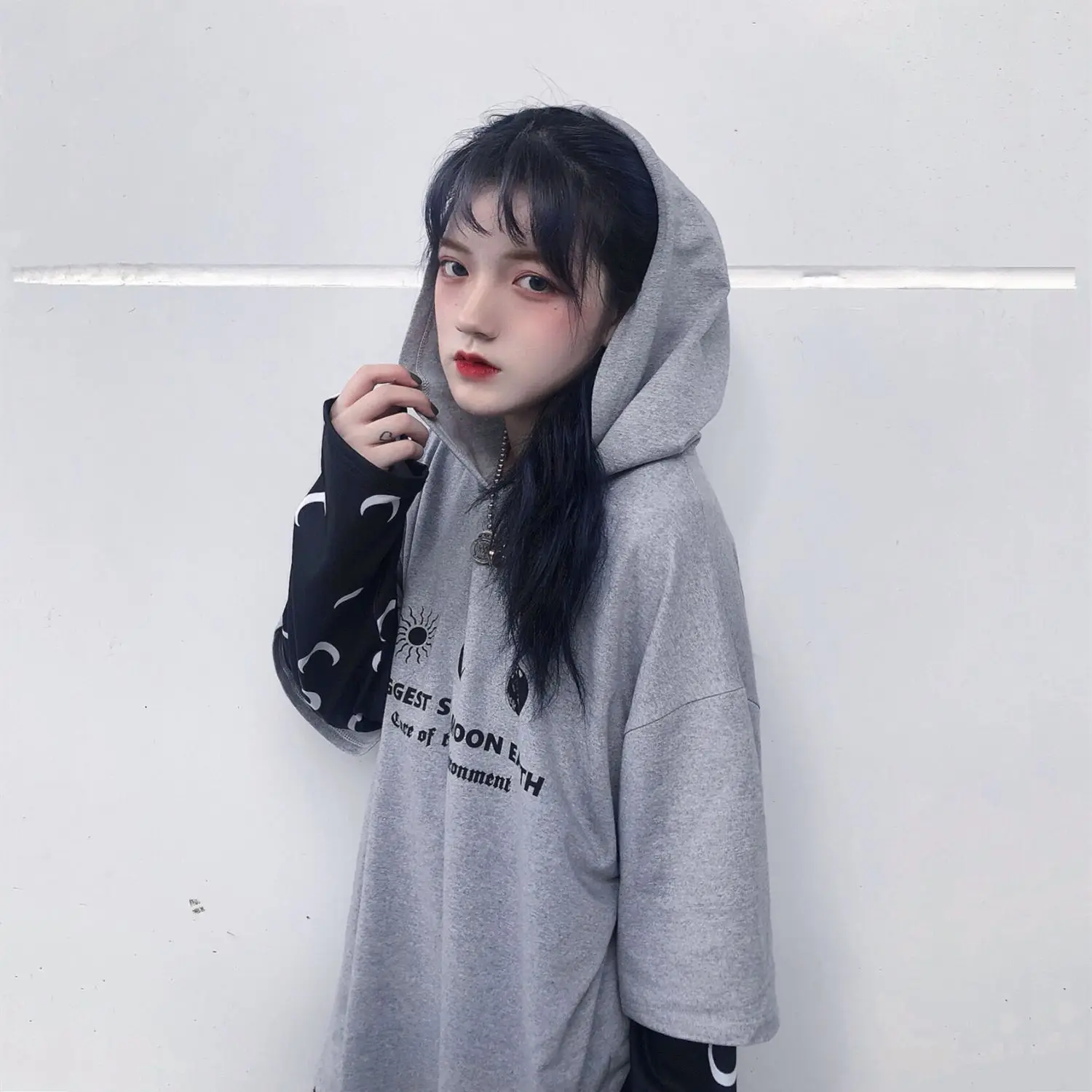 Harajuku уличная Винтажная Футболка для женщин, одежда, осень, корейский Ulzzang, с принтом, с капюшоном, Футболки женские, полный поддельные два топа