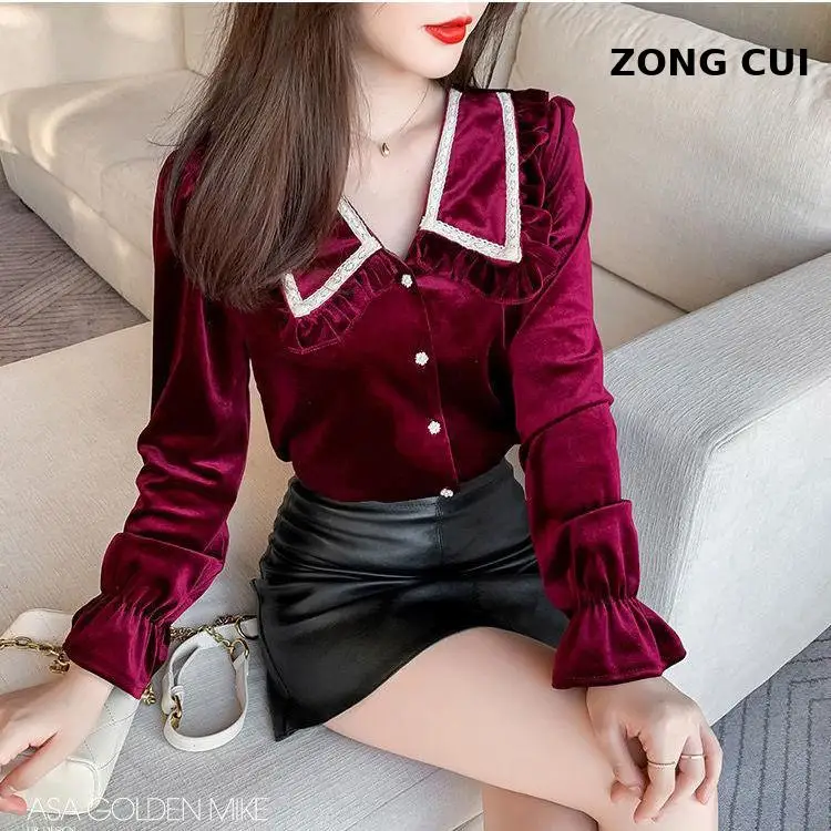

Женская Офисная бархатная блузка на пуговицах, рубашка для женщин, Повседневная модная весенняя новинка, Женские топы с длинным рукавом, ру...
