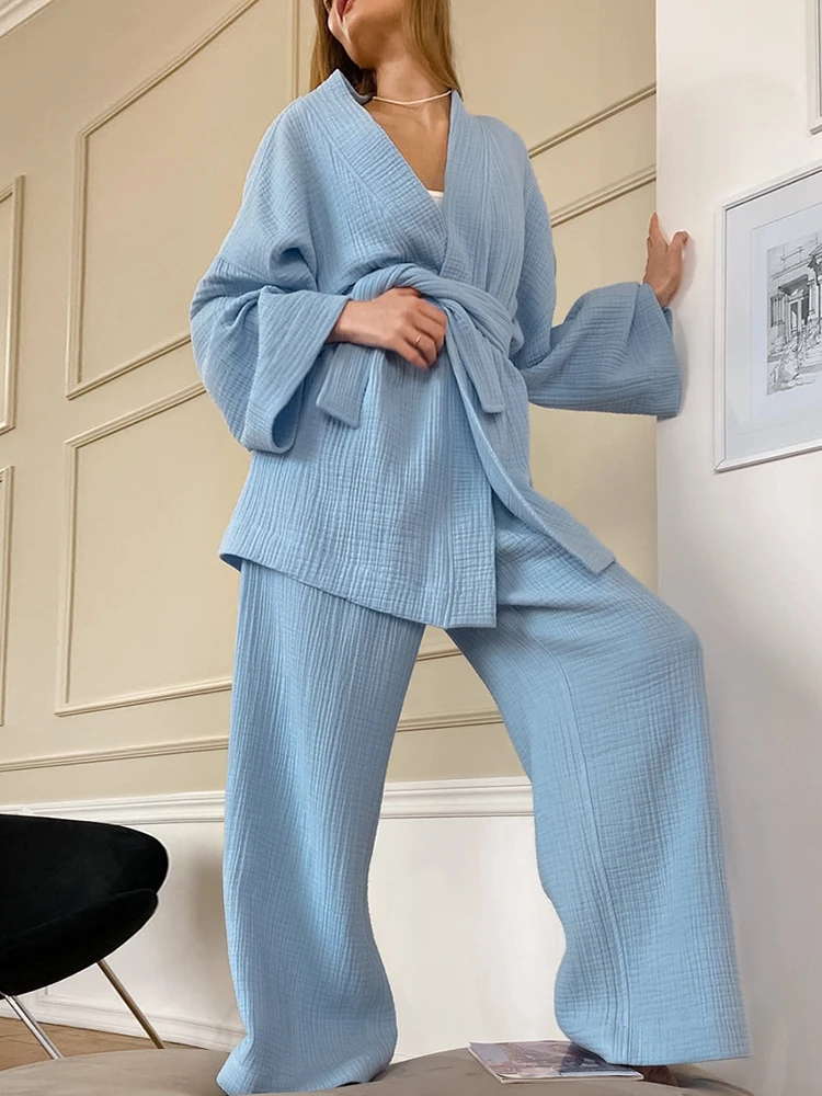 

100% Cotton Women's Nightgown Robe Pajama Sets Flare Nightgown Trouser Suits Drop Sleeves Set Woman 2 Pieces Bathrobe For Women