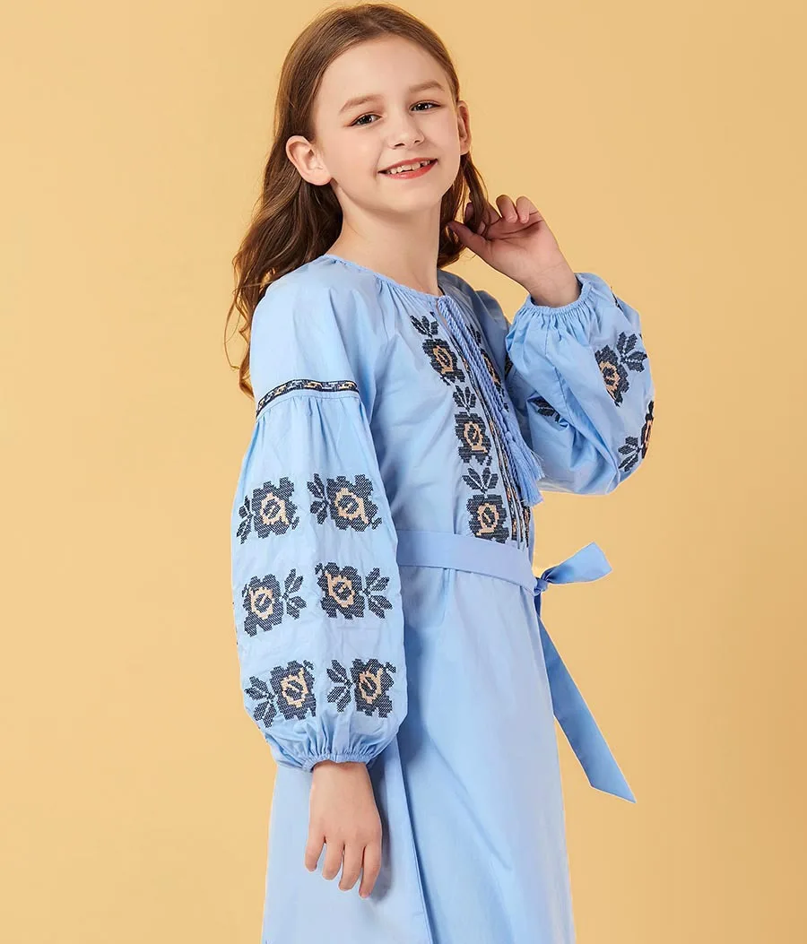 Teenage Girl Princess Embroidery Long Dress with Belt Sleeve Light Blue Maxi Muslim Girls Casual Clothing | Детская одежда и обувь