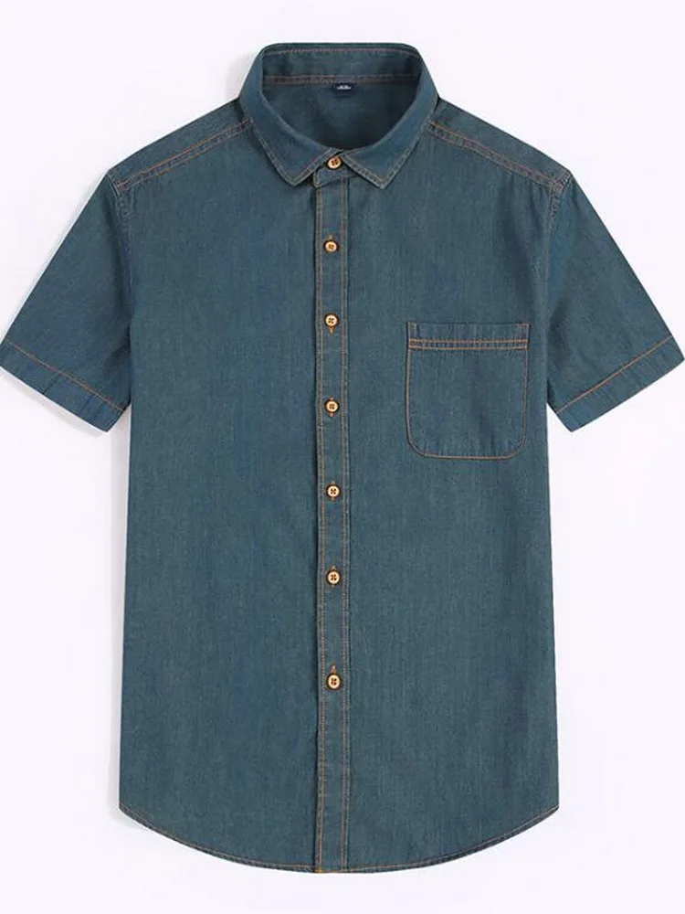 Fashion Men Shirt Single Breasted Denim Cotton Shirts Men's Short-Sleeved Shirt Cotton Youth Slim Casual Denim Shirt