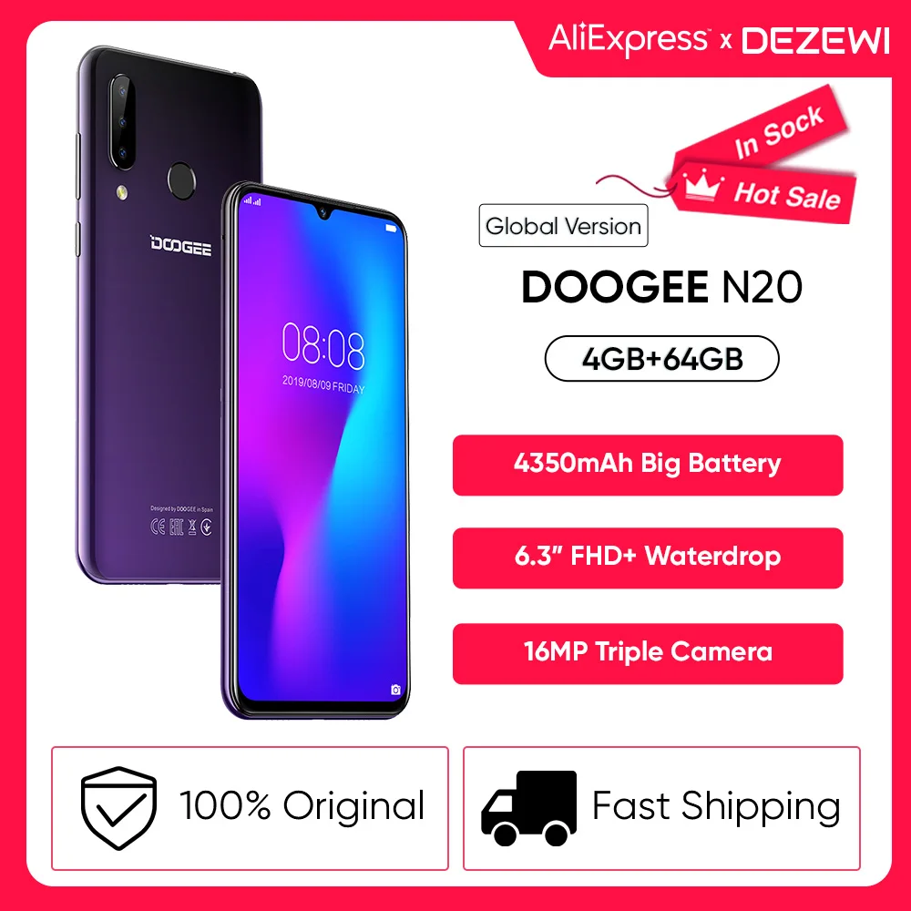 Смартфон глобальная версия DOOGEE N20 Helio P23 6 3 дюйма FHD + тройная камера 16 МП 4 64 ГБ 4350 мА