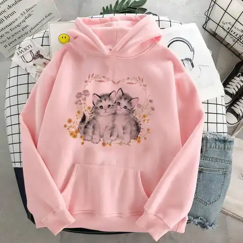 Hoodies women Angel print Hoody Tops Cute aesthetics oversize 90s Kpop Punk Flower cat Female Gothic Long sleeve Sweatshirts