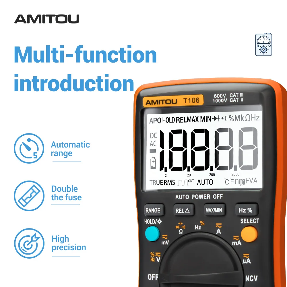 AMITOU T106 Профессиональный антисжигающий Цифровой мультиметр Бесконтактный AC/DC Амперметр Вольтметр Авто мультиметровый Сопротивление Емкость цифровой мультиметры mastech