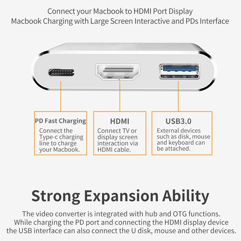 USB-концентратор tebe Type-c на HDMI-совместимый разветвитель USB-C 3 в 1 4K HDMI USB 0 PD умный