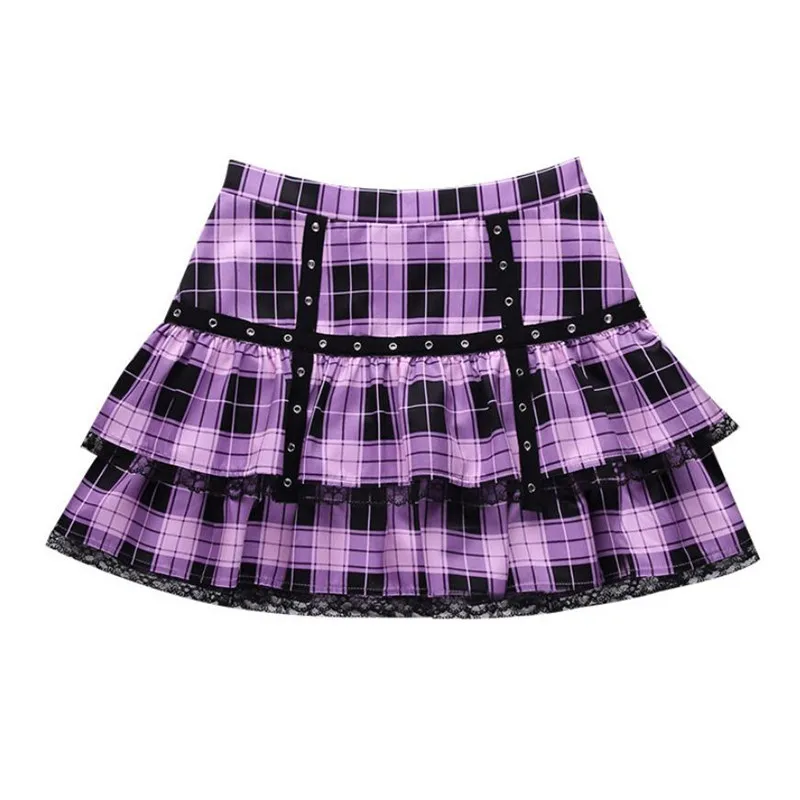 

Gothic Dark Academia Y2k Plaid Skirt Women Harajuku High Waist Lace Patchwork Purple Mini Skirt GirlS Clubwear S1268