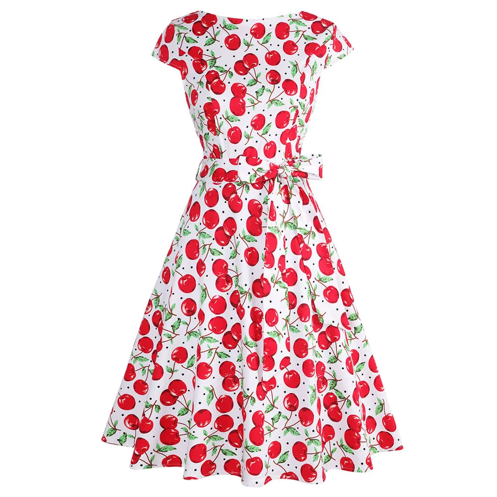 Женское платье с фруктовым принтом в стиле ретро летнее вишневым круглым вырезом