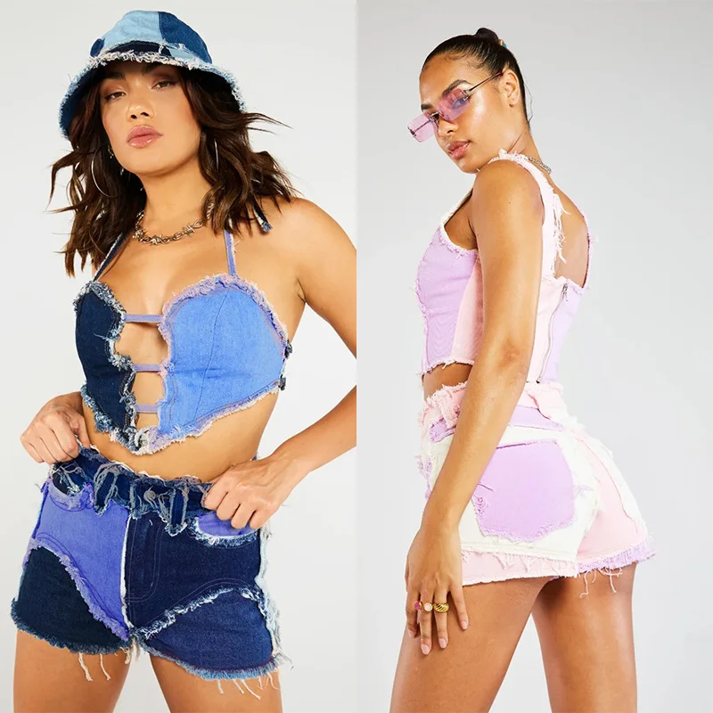 

Fashion Shorts for Women Ladies Patchwork Hip Hop Female Jeans Contrast Color High Waisted Shorts Streetwear Casual Pants