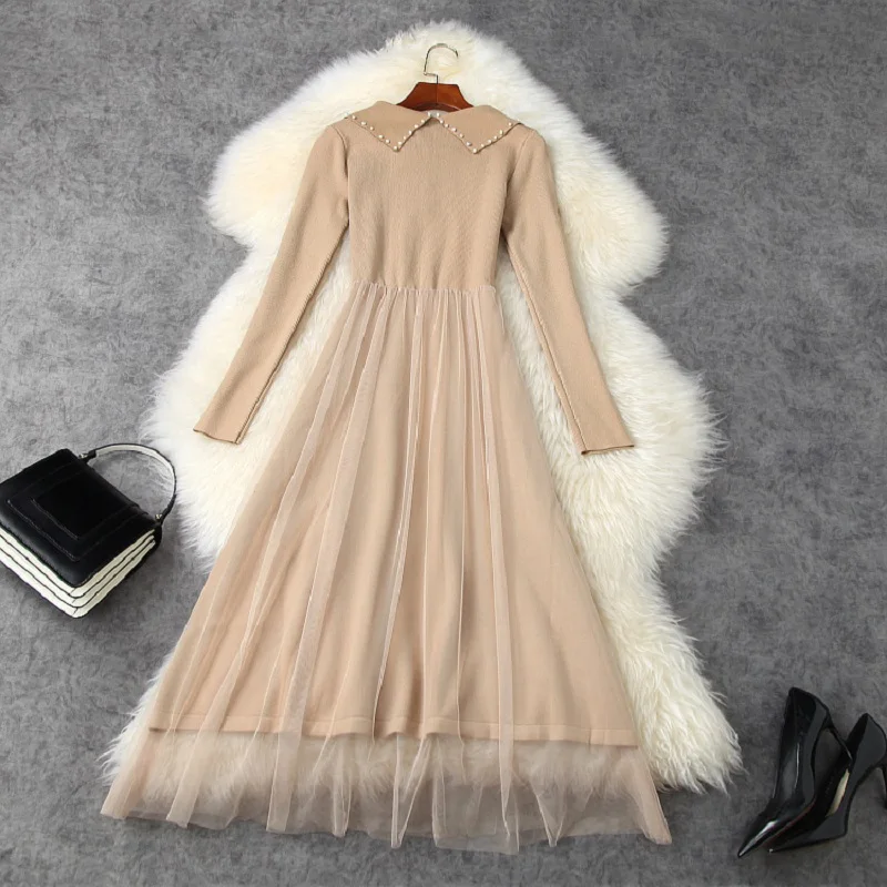 

Superior Spring 2021 new quality casual Pleats dress women Celebrities Mesh Party dresses Nail bead long sleeve knitting Dress