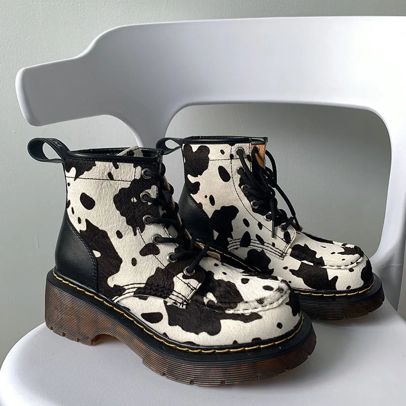 

New Designer Women Luxury Cow Pattern Martin Boots Brand Casual Patchowrk Heels Short Boots Brand Ladies Vintage Round Toe Shoes