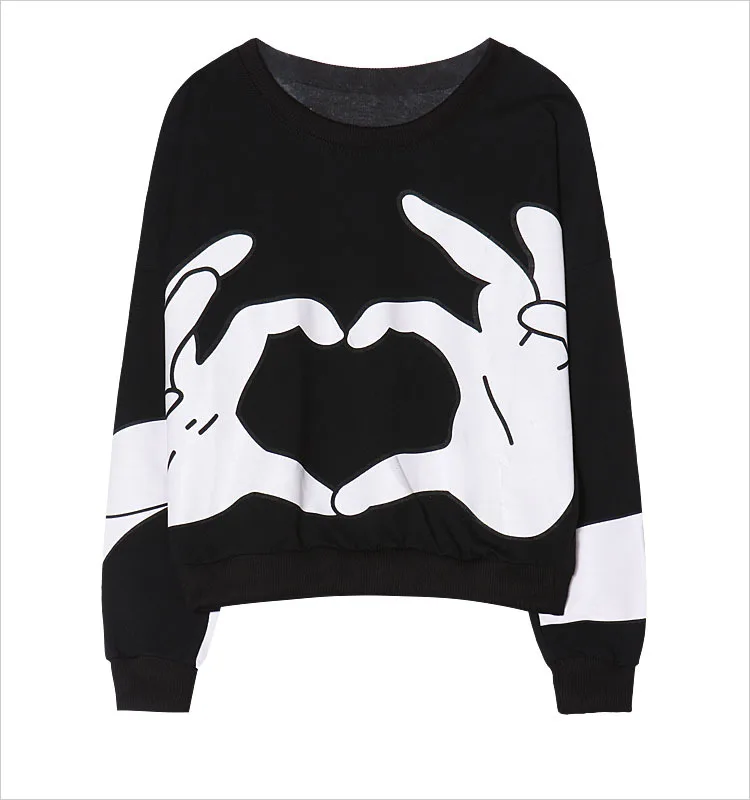

GoneGoing 2022 Women Street Harajuku Cute Black Cartoon Heart Printing Sweatshirt O Neck Casual Crop Tops Pullover 0602