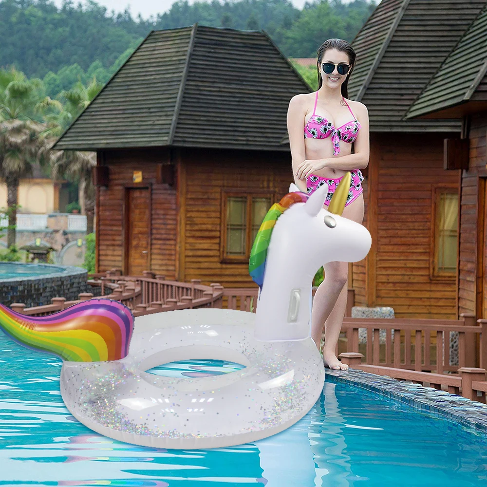 

Inflatable Glitter Unicorn Swimming Ring Pool Tube Beach Party Toys Rainbow Unicorn Swim Raft Floatie Lounger for Kids and Adult
