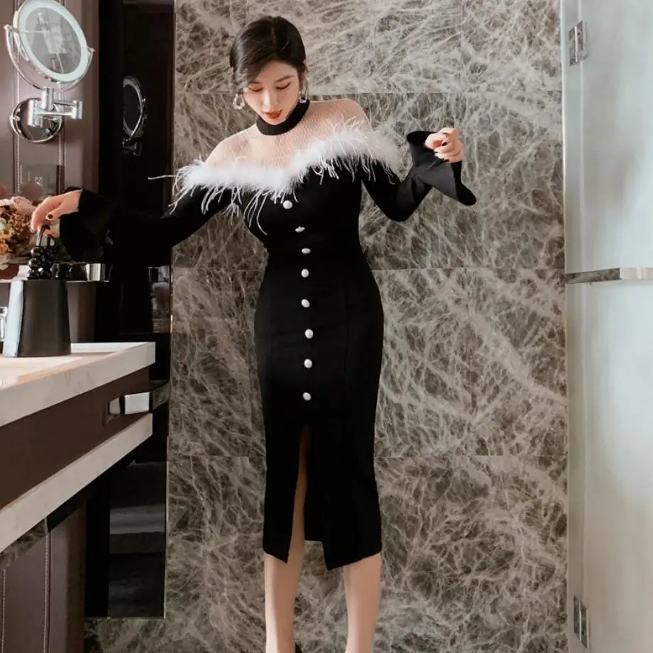 

2020 autumn stand collar Long Sleeve Split Dress Women sexy Slim Bodycon Feather Mesh Patchwork party Dress Vestidos s58