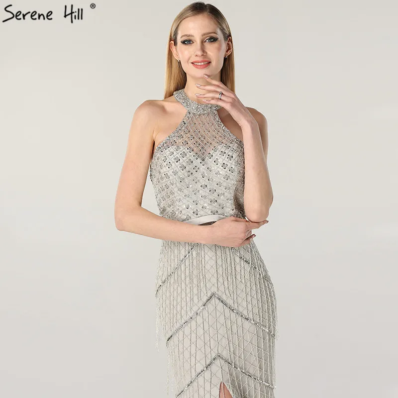 Женское вечернее платье с бахромой серое лямкой на шее Роскошное дизайнерское