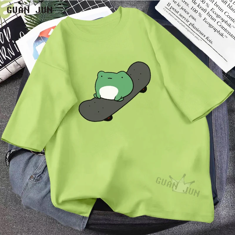 Skateboard Frog Dinosaur Cute Graphic Tee Women Tshirt Green Aesthetic Oversized T Shirt Harajuku Casual Summer Tops